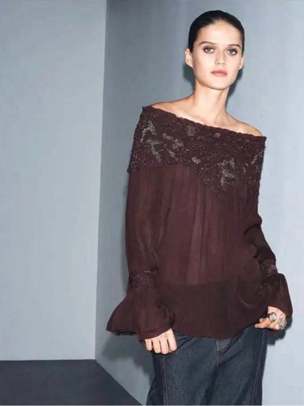 Zara Plum Embroidered Lace Yoke Frayed Peasant Blouse size large
